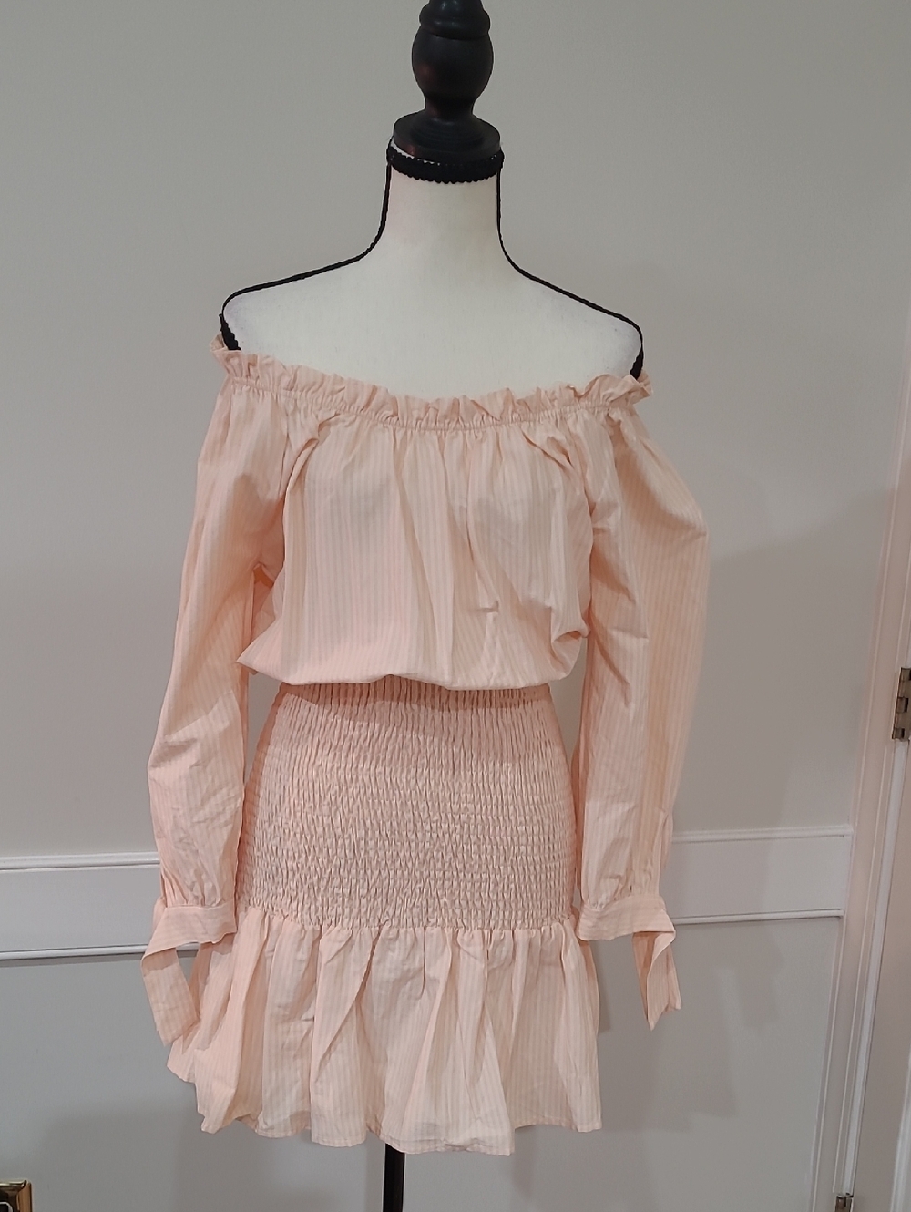 LaLavon Off-Shoulder Peach Smocked Mini Dress - Size L